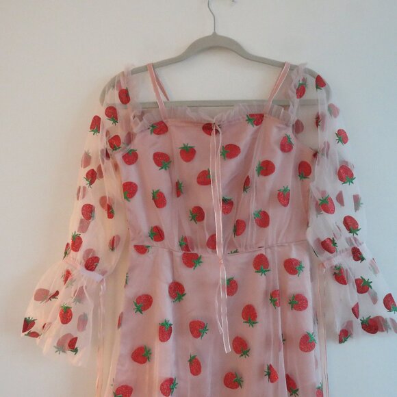 MASKED QUEEN COTTAGECORE Strawberry Tulle Midi Dress Coquette Whimsy Retro NWT - Picture 4 of 14